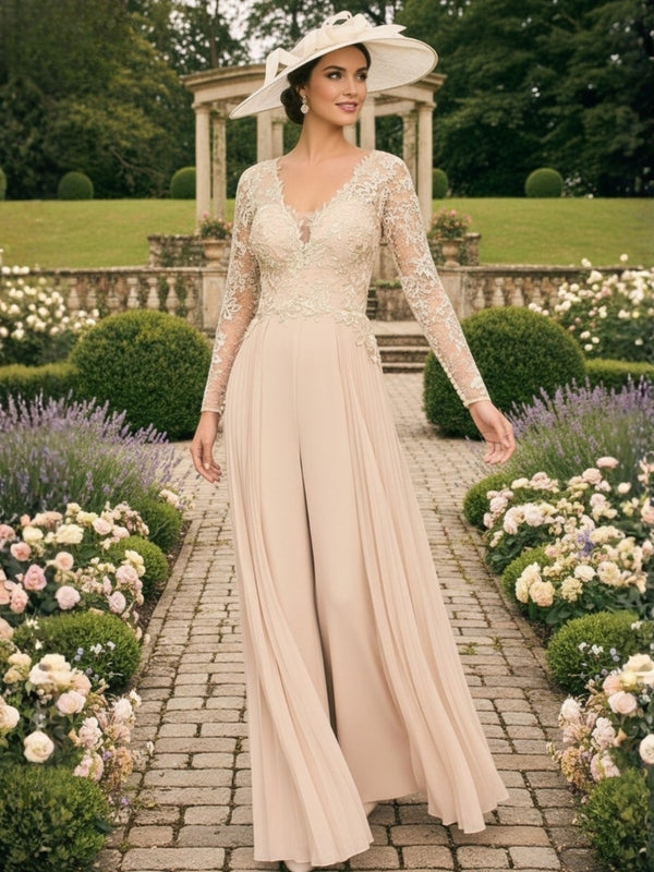 Chiffon V-Neck Floor-Length Mother of the Bride Pantsuits with Split Side and Embroidery Tulle
