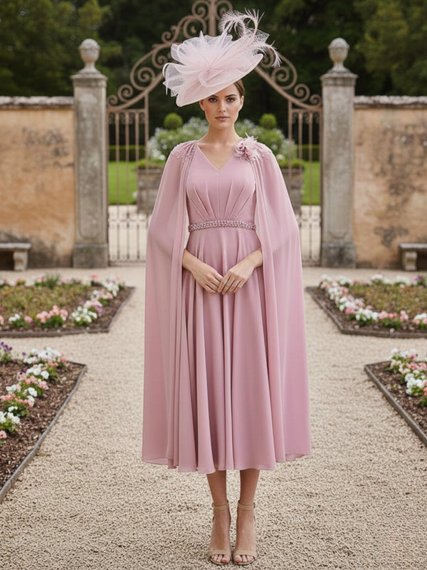 A-Line/Princess Tea-Length V-Neck Chiffon Mother of the Bride Dresses with long shawl