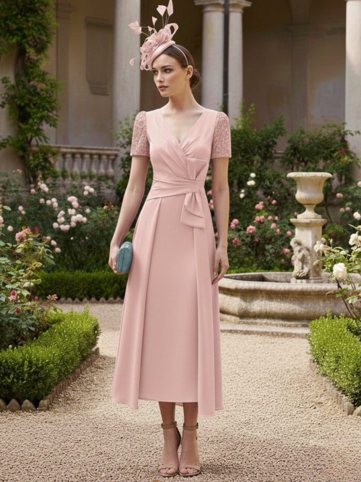 A-Line/Princess V-Neck Short Sleeves Ankle-Length Mother of the Bride Dresses with Bowknot