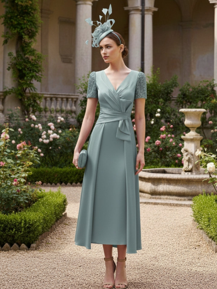 A-Line/Princess V-Neck Short Sleeves Ankle-Length Mother of the Bride Dresses with Bowknot