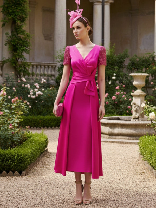A-Line/Princess V-Neck Short Sleeves Ankle-Length Mother of the Bride Dresses with Bowknot