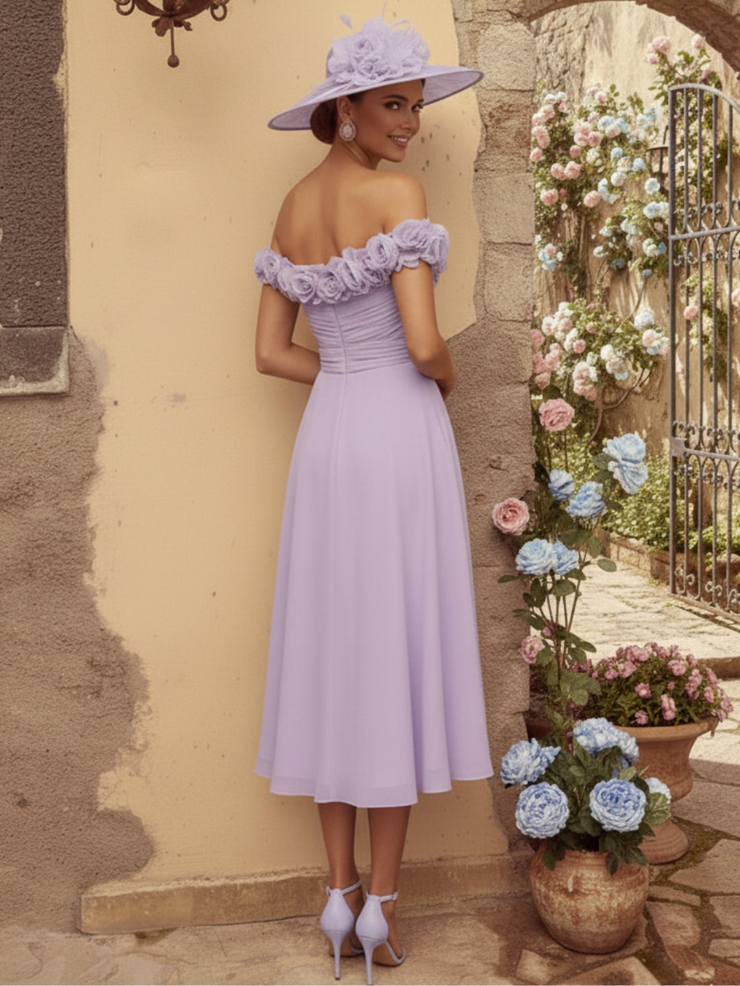 A-Line/Princess Tea-Length Off-the-Shoulder Mother of the Bride Dresses with Pleats and 3D Flowers