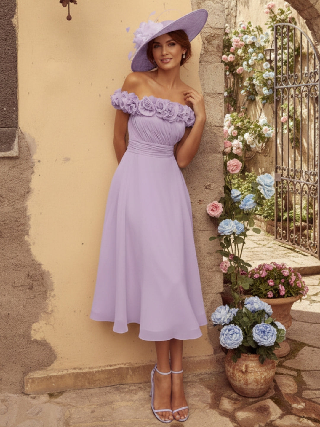 A-Line/Princess Tea-Length Off-the-Shoulder Mother of the Bride Dresses with Pleats and 3D Flowers