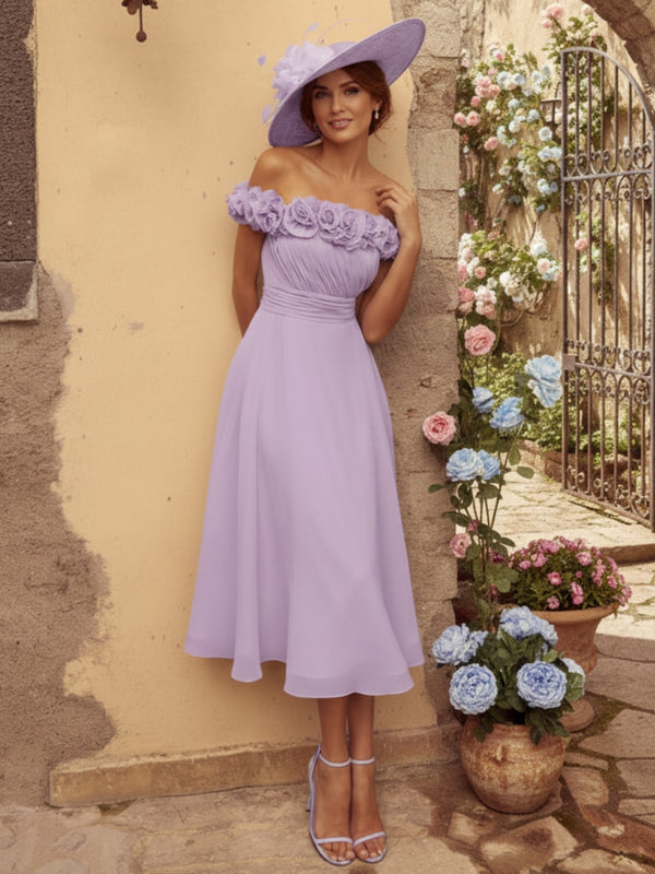 A-Line/Princess Tea-Length Off-the-Shoulder Mother of the Bride Dresses with Pleats and 3D Flowers
