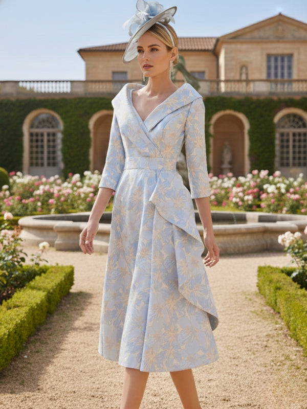 A-Line/Princess V-Neck Tea-Length Printed Flower Mother of the Bride Dresses