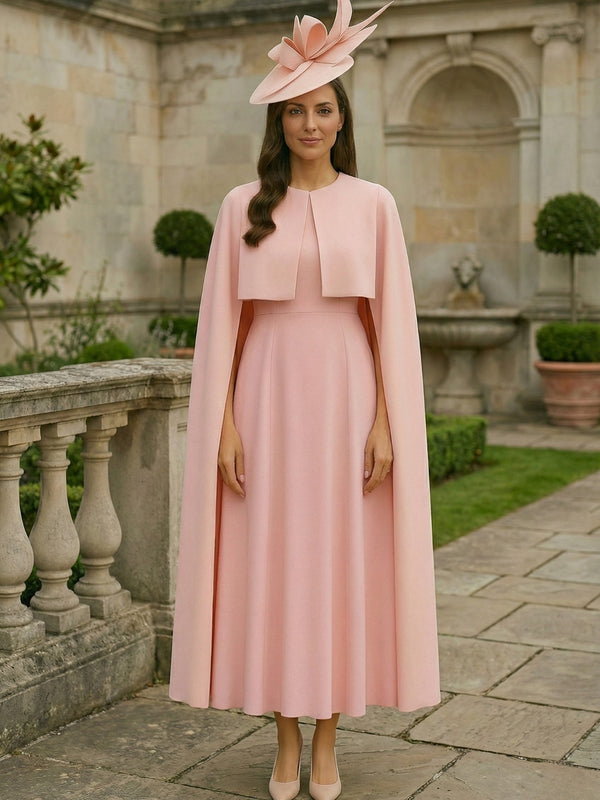 A-Line/Princess Scoop-Neck Sleeveless Tea-Length Mother of the Bride Dresses with Cape