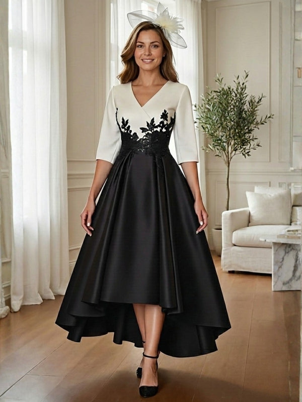 A-Line/Princess V-Neck 3/4 Sleeves Tea-Length Asymmetrical Mother of the Bride Dresses with Appliques
