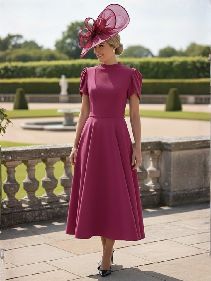 A-Line/Princess Half Turtleneck Short Sleeves Tea-Length Mother of the Bride Dresses