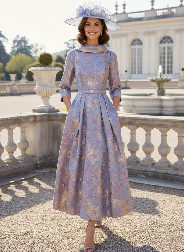 A-Line/Princess Scoop 3/4 Sleeves Printed Flower Tea-Length Mother of the Bride Dresses