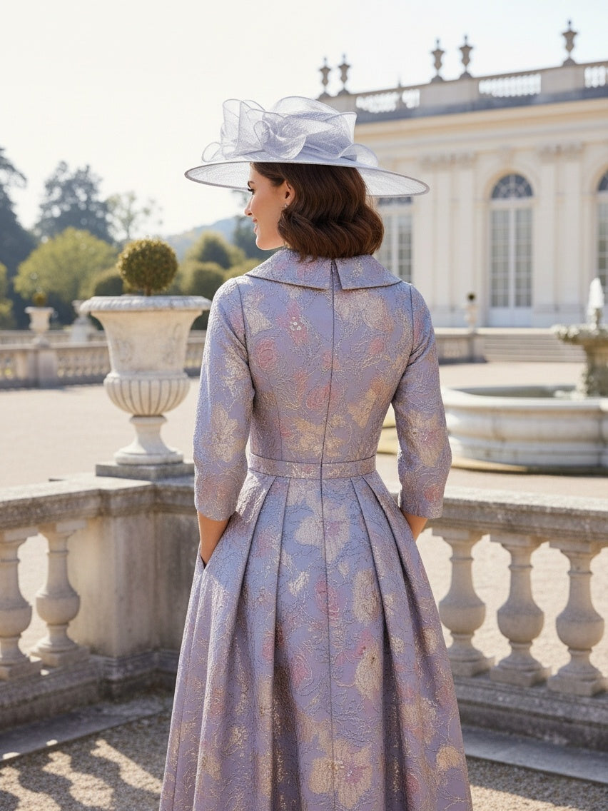 A-Line/Princess Scoop 3/4 Sleeves Printed Flower Tea-Length Mother of the Bride Dresses