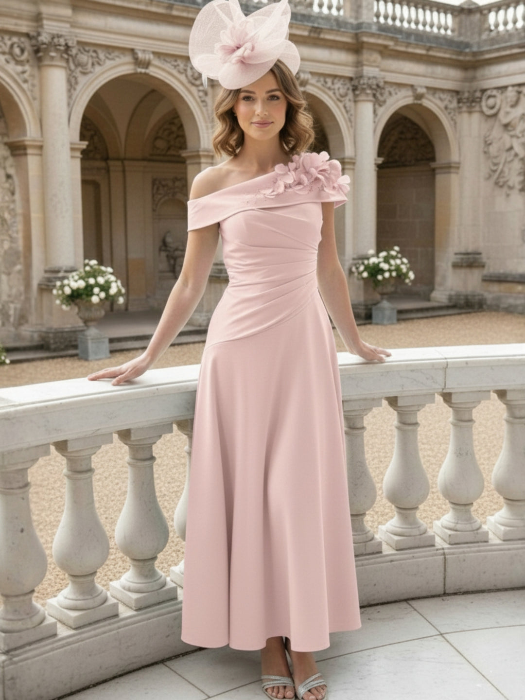 A-Line/Princess Off-the-Shoulder Pleated Tea-Length Mother of the Bride Dresses with 3D Flower