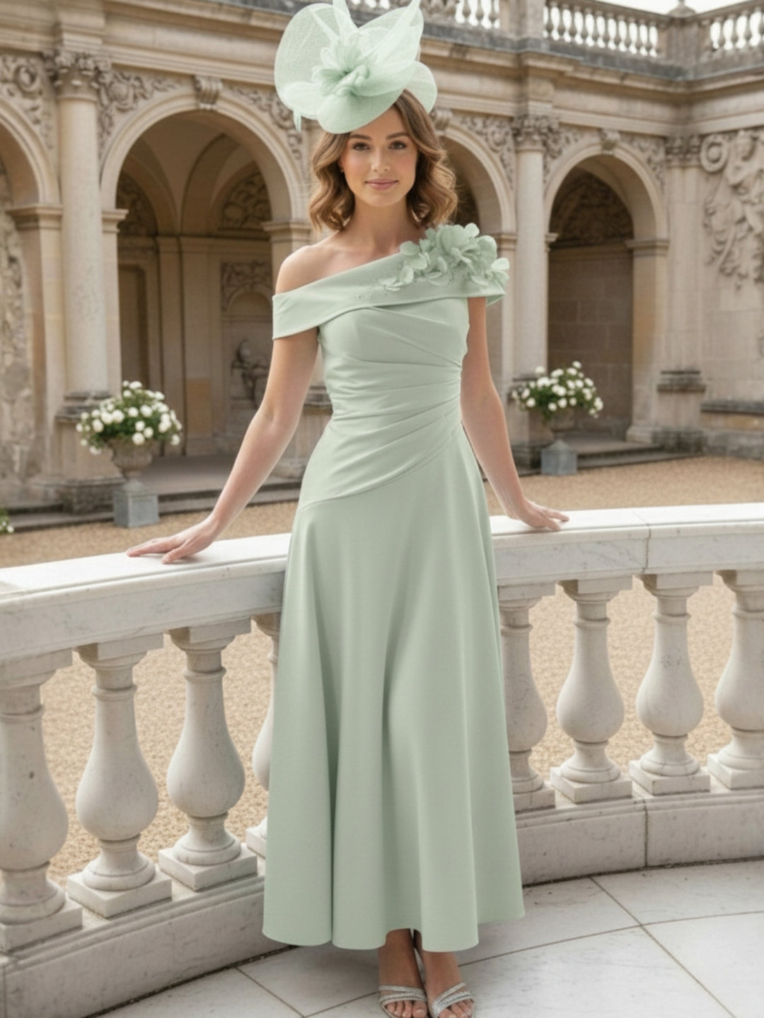 A-Line/Princess Off-the-Shoulder Pleated Tea-Length Mother of the Bride Dresses with 3D Flower