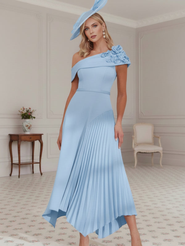 A-Line/Princess Off-the-Shoulder Pleated Tea-Length Mother of the Bride Dresses with 3D Flower