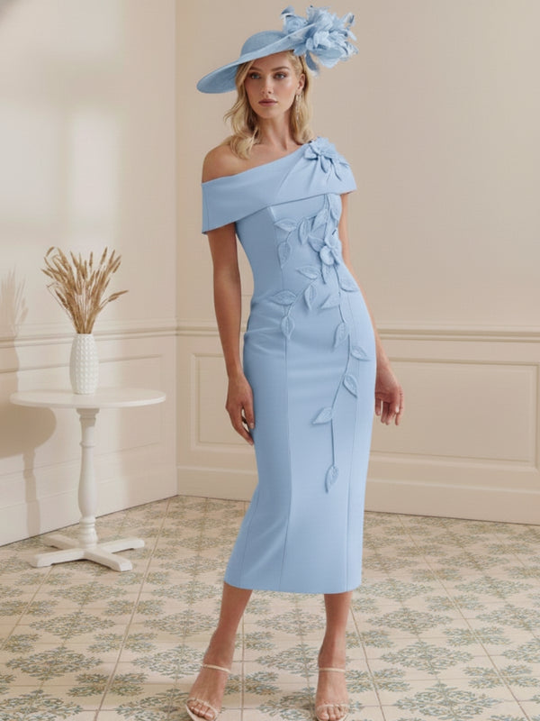 Sheath/Column Off-the-shoulder Short Sleeves Tea-Length Mother of the Bride Dresses with 3D Flowers
