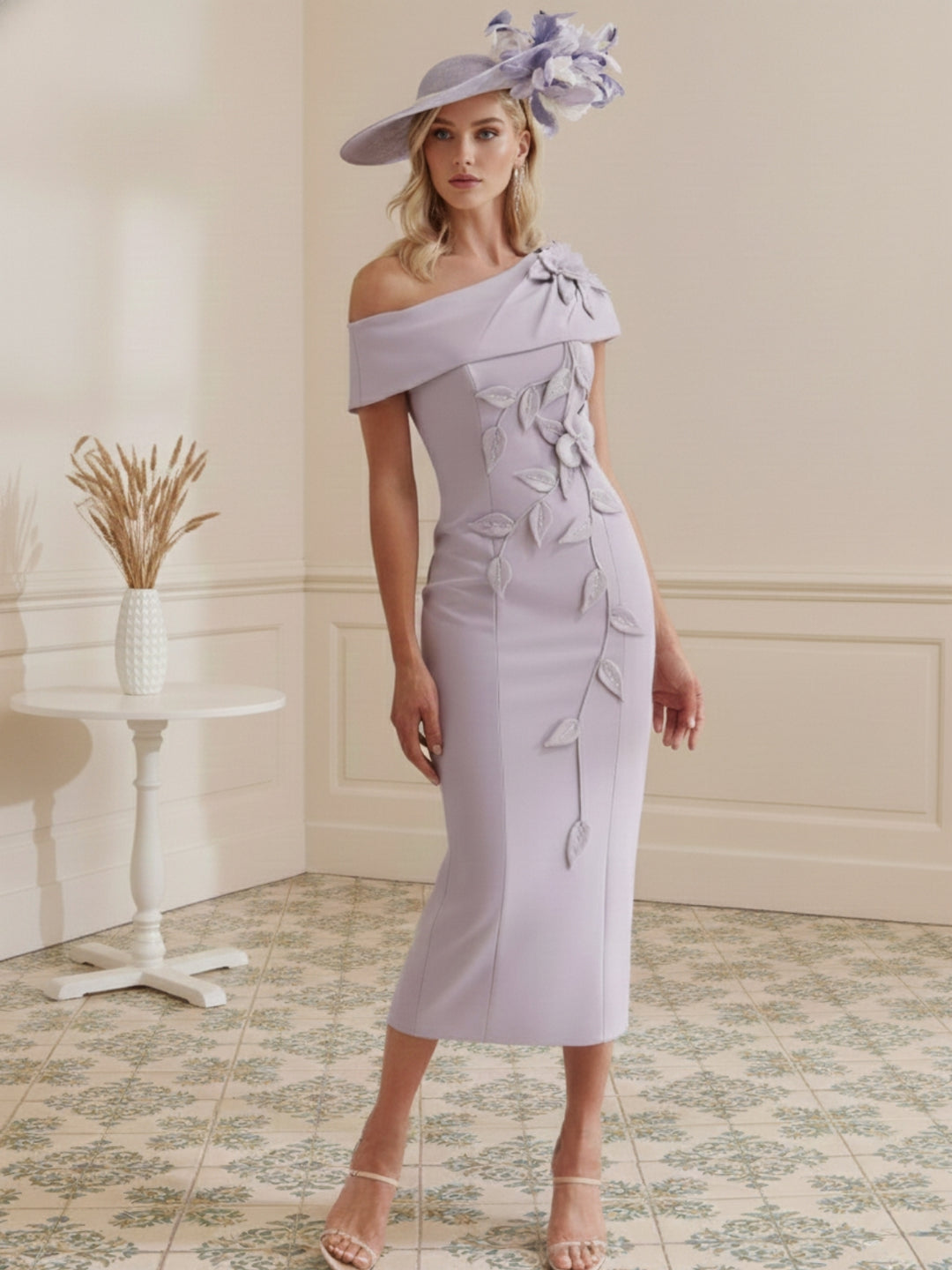 Sheath/Column Off-the-shoulder Short Sleeves Tea-Length Mother of the Bride Dresses with 3D Flowers