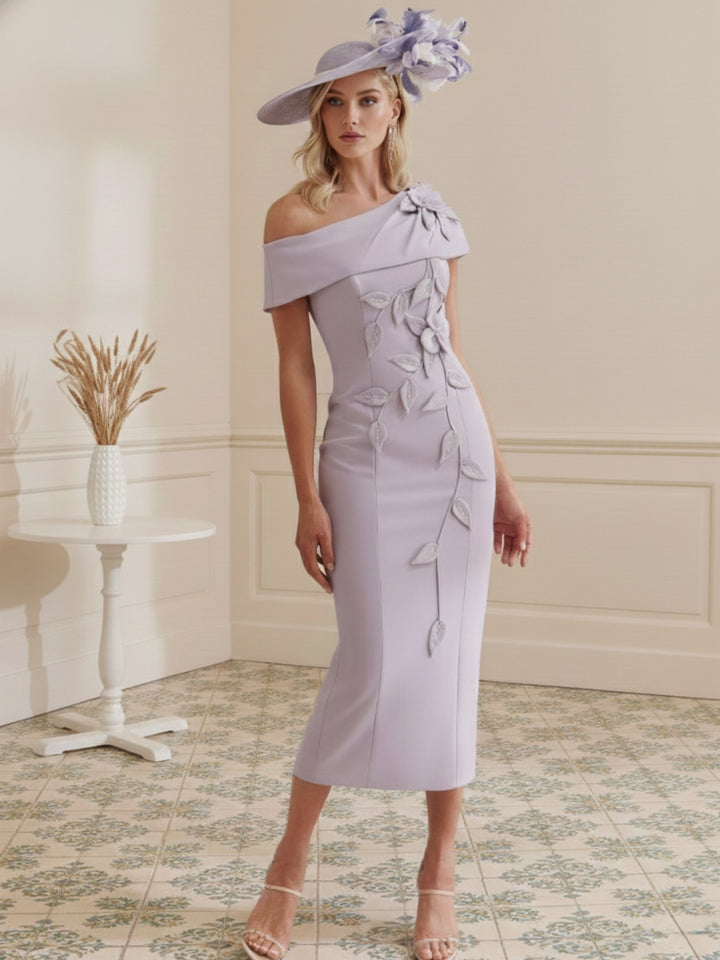 Sheath/Column Off-the-shoulder Short Sleeves Tea-Length Mother of the Bride Dresses with 3D Flowers