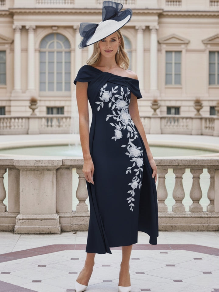 Sheath Off-the-Shoulder Short Sleeves Mother of the Bride Dresses with Appliques