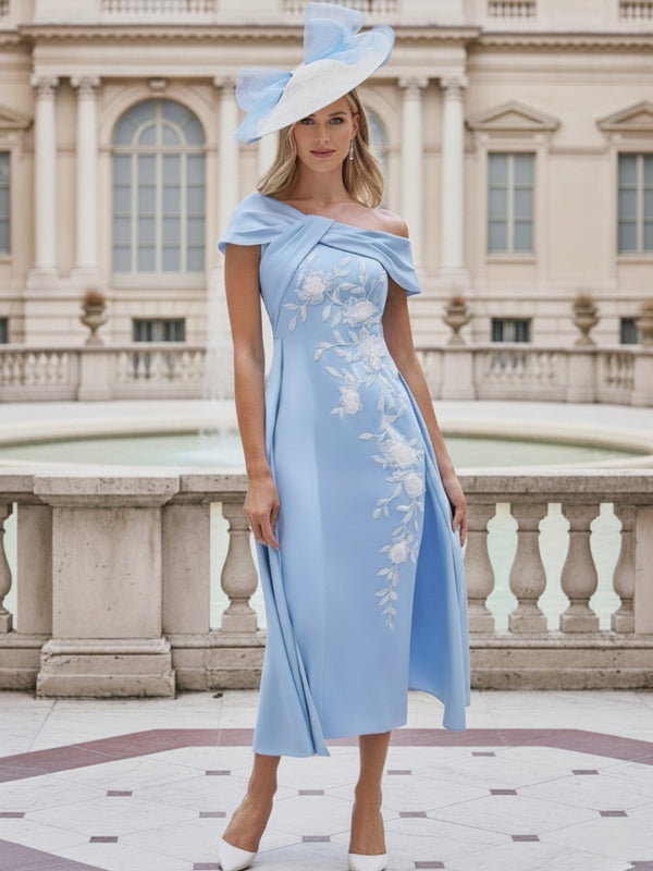 Sheath Off-the-Shoulder Short Sleeves Mother of the Bride Dresses with Appliques