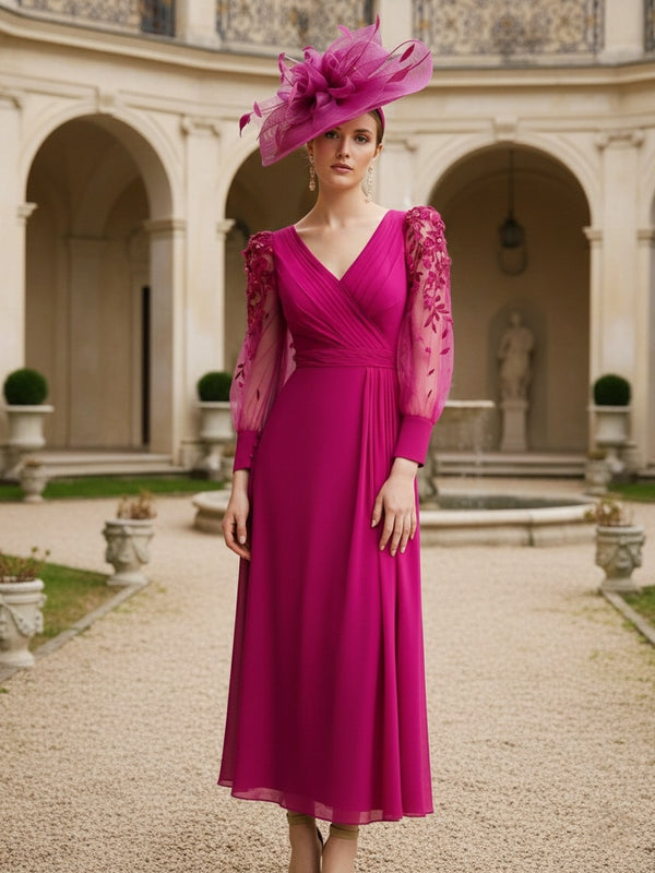 A-Line/Princess V-Neck Chiffon Mother of the Bride Dresses with 3D Flower