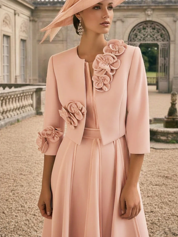 2 Pieces A-Line/Princess V-Neck Tea-Length Mother of the Bride Dress with Jacket & 3D Flower