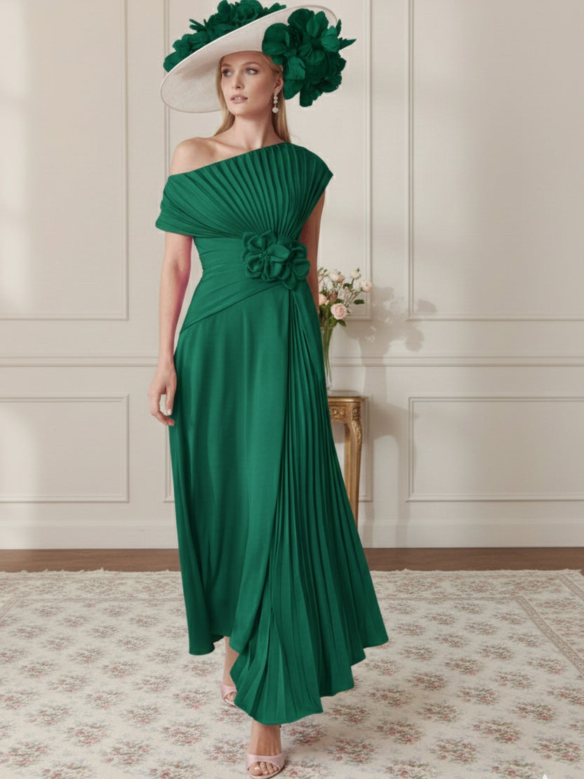 A-Line/Princess Off-the-Shoulder Asymmetrical Ankle-Length Mother of the Bride Dresses With Pleats