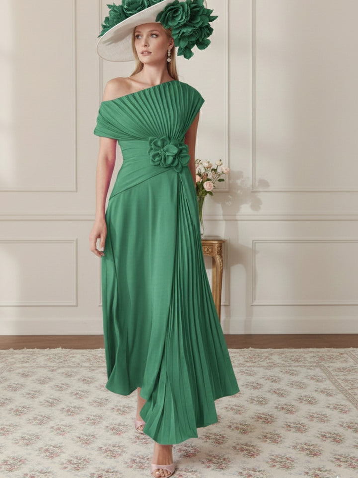A-Line/Princess Off-the-Shoulder Asymmetrical Ankle-Length Mother of the Bride Dresses With Pleats