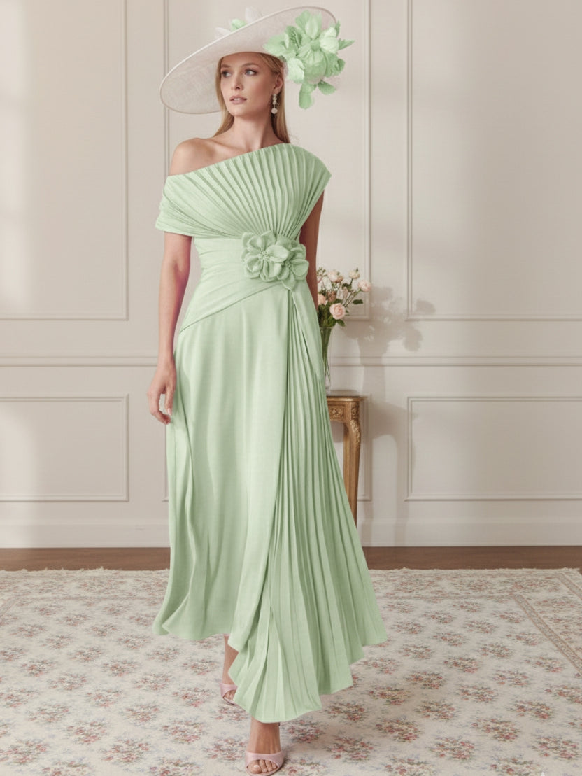 A-Line/Princess Off-the-Shoulder Asymmetrical Ankle-Length Mother of the Bride Dresses With Pleats
