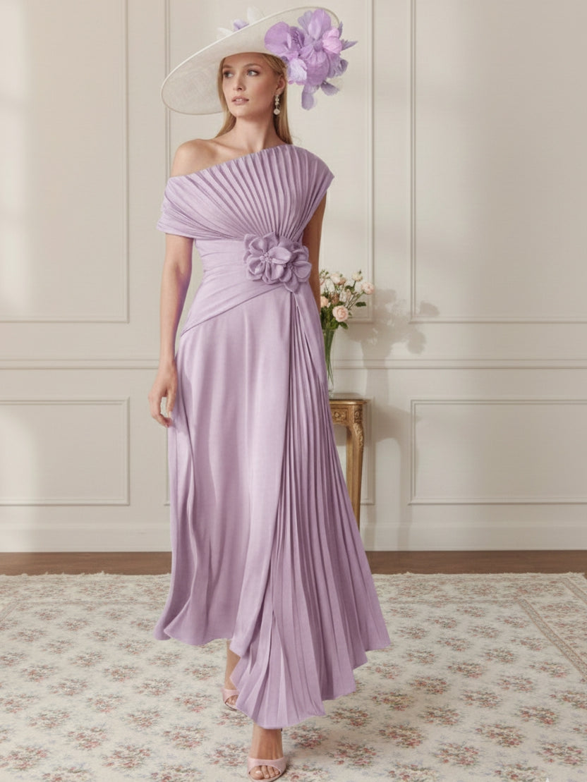 A-Line/Princess Off-the-Shoulder Asymmetrical Ankle-Length Mother of the Bride Dresses With Pleats