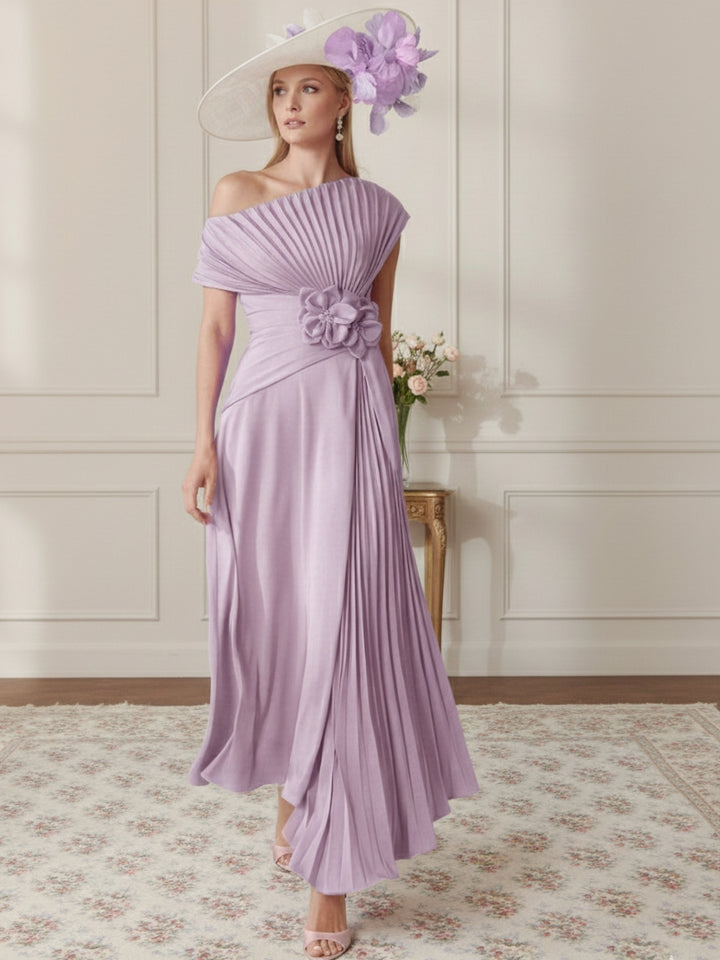 A-Line/Princess Off-the-Shoulder Asymmetrical Ankle-Length Mother of the Bride Dresses With Pleats
