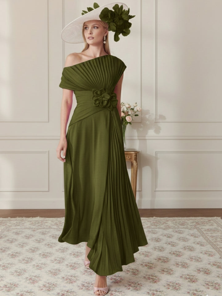 A-Line/Princess Off-the-Shoulder Asymmetrical Ankle-Length Mother of the Bride Dresses With Pleats