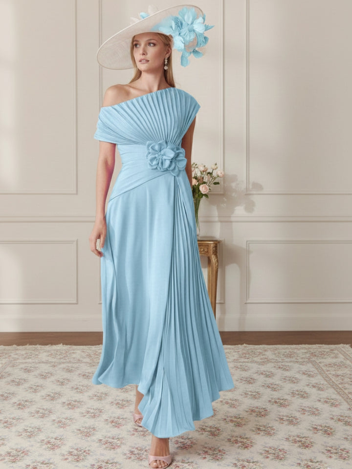 A-Line/Princess Off-the-Shoulder Asymmetrical Ankle-Length Mother of the Bride Dresses With Pleats