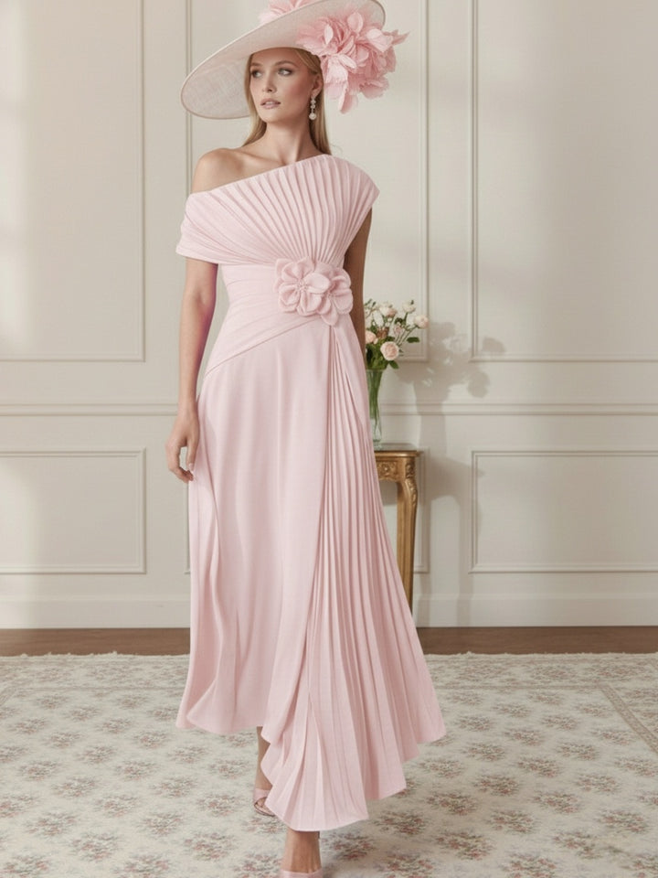 A-Line/Princess Off-the-Shoulder Asymmetrical Ankle-Length Mother of the Bride Dresses With Pleats