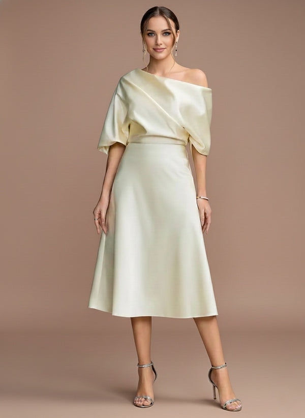A-Line/Princess One-shoulder Short Sleeves Tea-Length Mother of the Bride Dresses with Ruffles