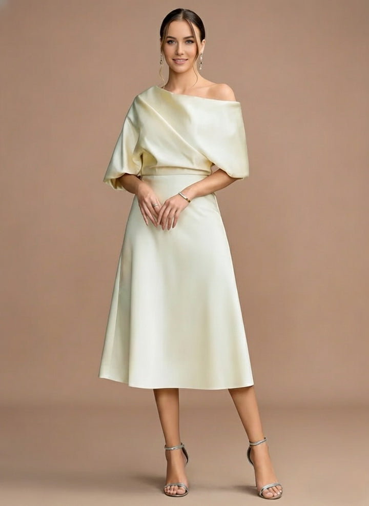 A-Line/Princess One-shoulder Short Sleeves Tea-Length Mother of the Bride Dresses with Ruffles