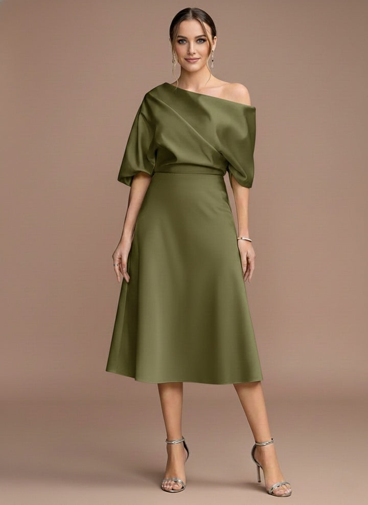 A-Line/Princess One-shoulder Short Sleeves Tea-Length Mother of the Bride Dresses with Ruffles
