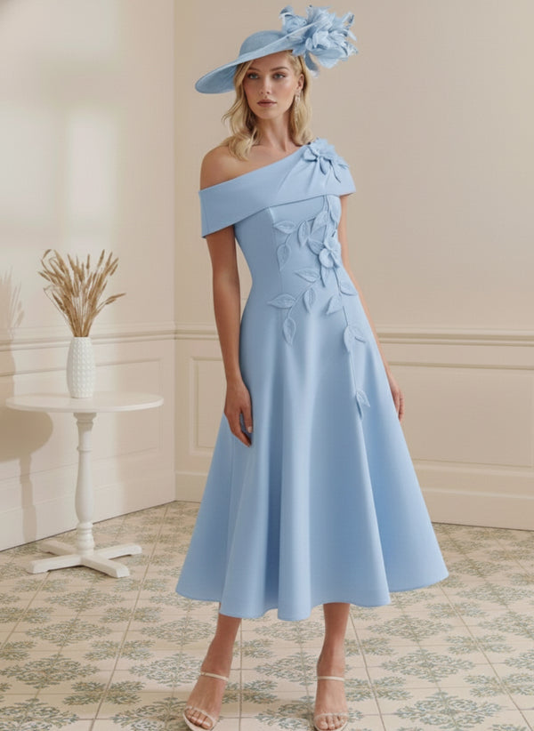 A-Line/Princess Off-the-shoulder Short Sleeves Tea-Length Mother of the Bride Dresses with 3D Flowers