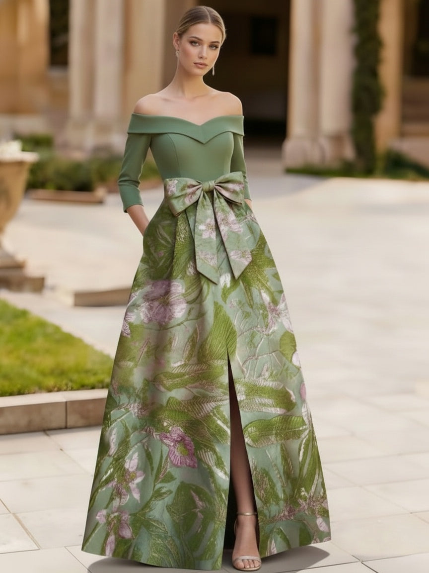A-Line/Princess Off-the-Shoulder Floral Floor-Length Satin Mother of the Bride Dresses with Bow