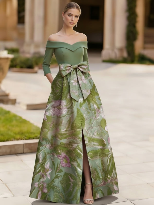 A-Line/Princess Off-the-Shoulder Floral Floor-Length Satin Mother of the Bride Dresses with Bow