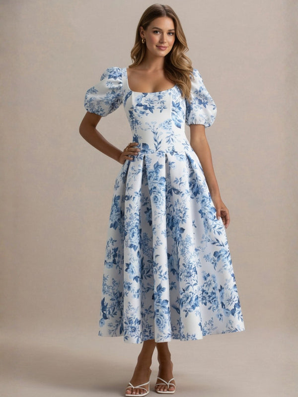 A-Line/Princess Square Collar Printed Flower Mother of the Bride Dresses Tea-Length Puff Sleeves Pleated