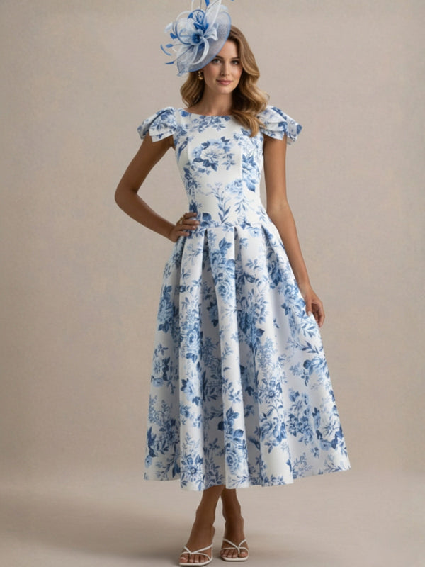 A-Line/Princess Scoop Printed Flower Mother of the Bride Dresses Tea-Length Petal Sleeves Pleated