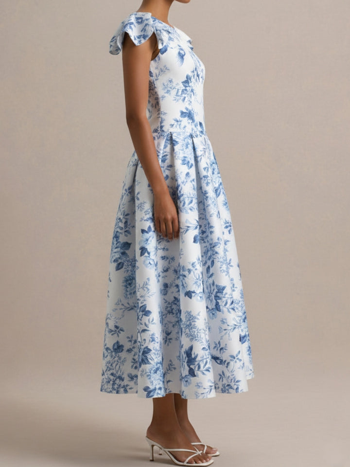A-Line/Princess Scoop Printed Flower Mother of the Bride Dresses Tea-Length Petal Sleeves Pleated