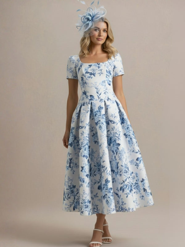 A-Line/Princess Square Collar Printed Flower Mother of the Bride Dresses Tea-Length Short Sleeves Pleated