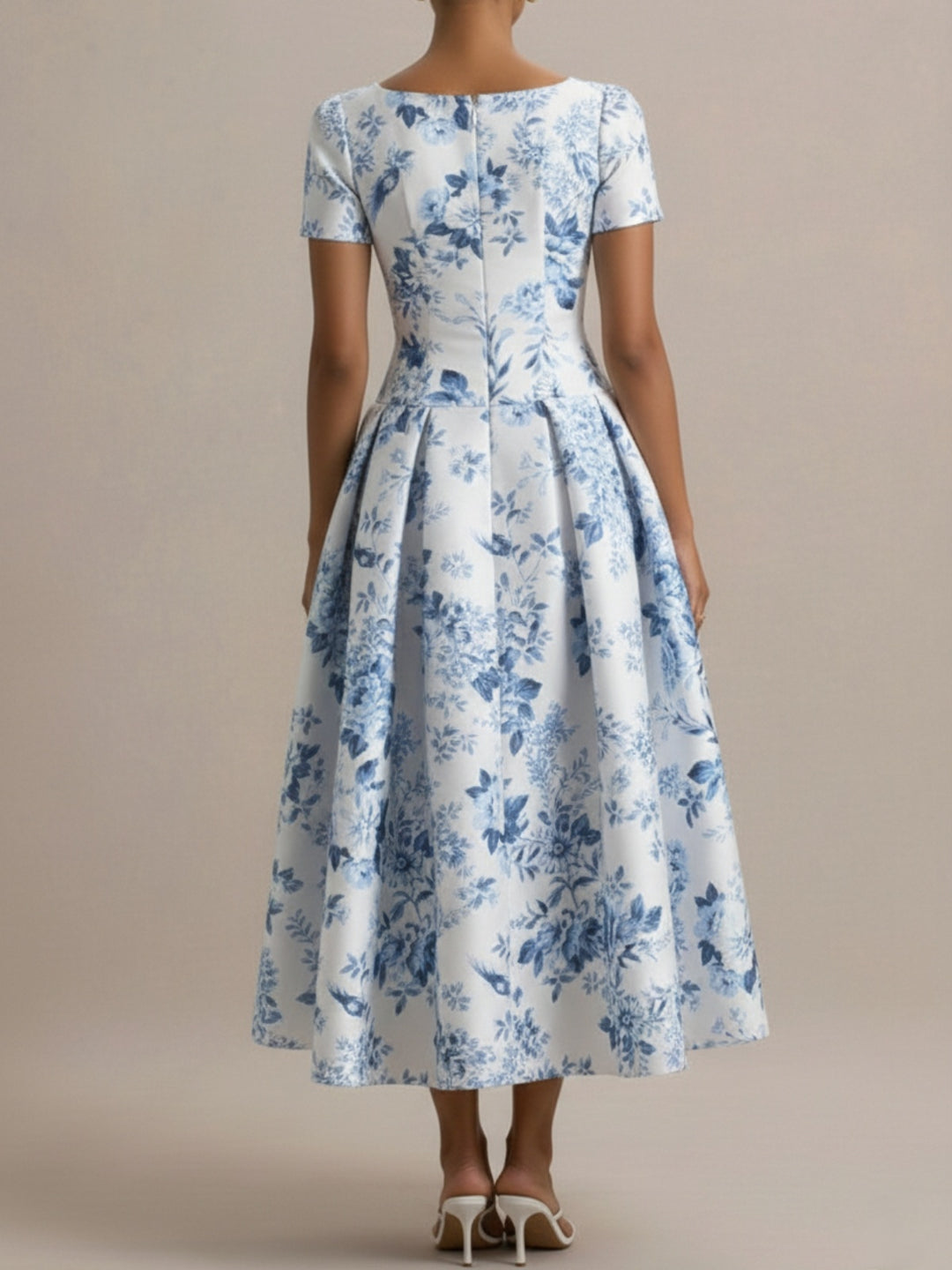 A-Line/Princess Square Collar Printed Flower Mother of the Bride Dresses Tea-Length Short Sleeves Pleated
