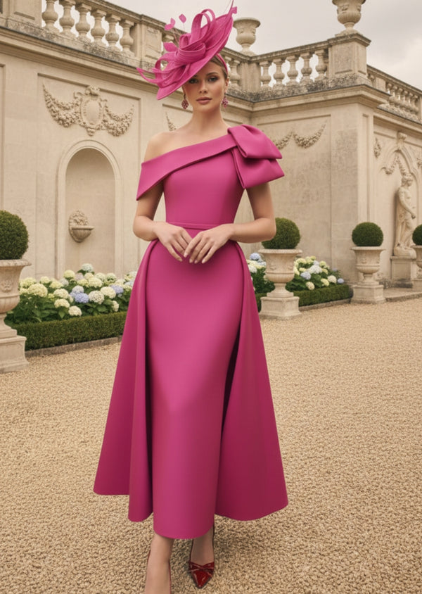Sheath/Column Off-the-Shoulder Mother of the Bride Dresses Stretch Satin Ankle-Length Sleeveless Watteau Train Bowknot