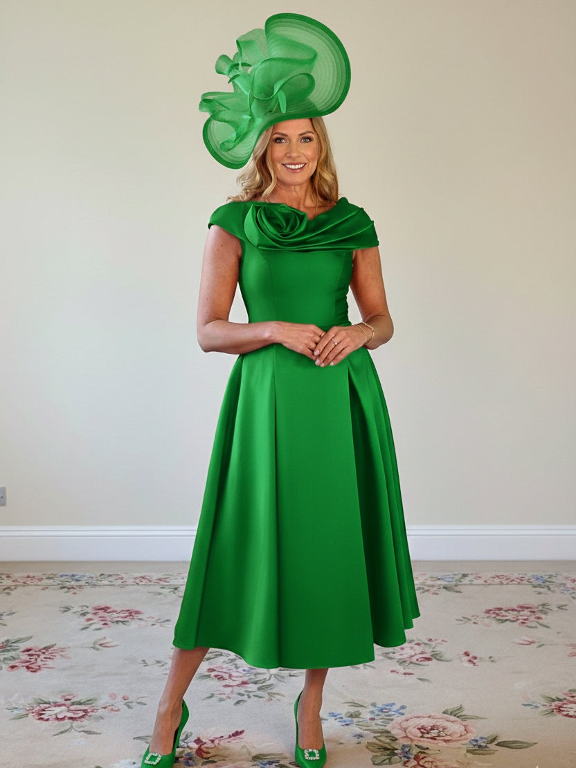 A-Line/Princess Off-the-Shoulder Mother of the Bride Dresses Stretch Satin Tea-Length Sleeveless Pleated with Pocket