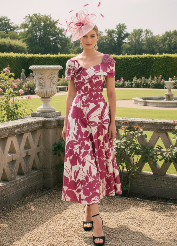 A-Line/Princess Criss Cross Mother of the Bride Dresses Satin Tea-Length Short Sleeves Printed Floral