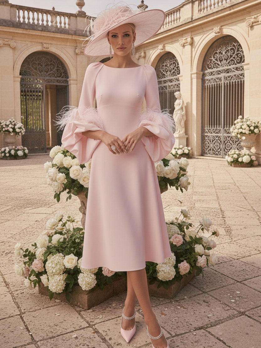 A-Line/Princess Scoop Mother of the Bride Dresses Stretch Satin Tea-Length Long Sleeves with feathers