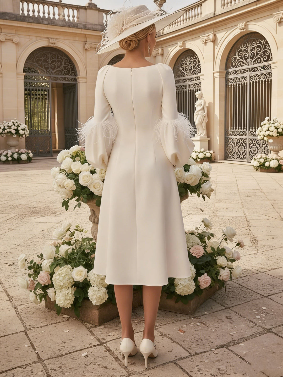 A-Line/Princess Scoop Mother of the Bride Dresses Stretch Satin Tea-Length Long Sleeves with feathers