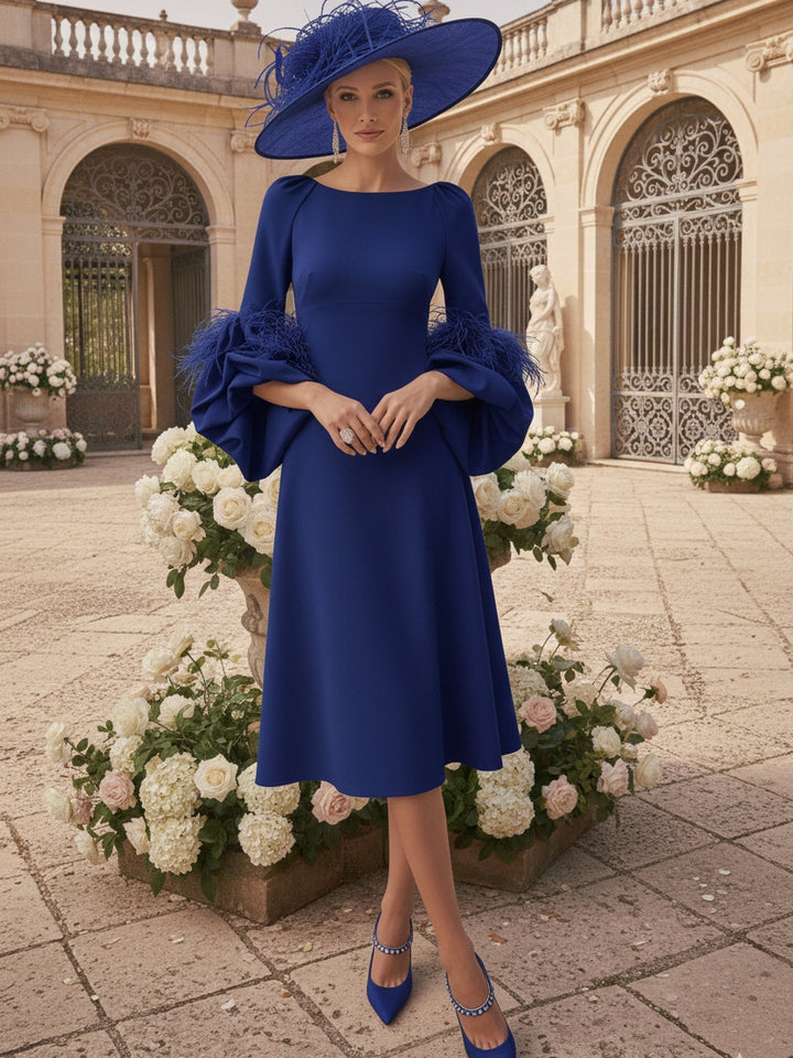 A-Line/Princess Scoop Mother of the Bride Dresses Stretch Satin Tea-Length Long Sleeves with feathers