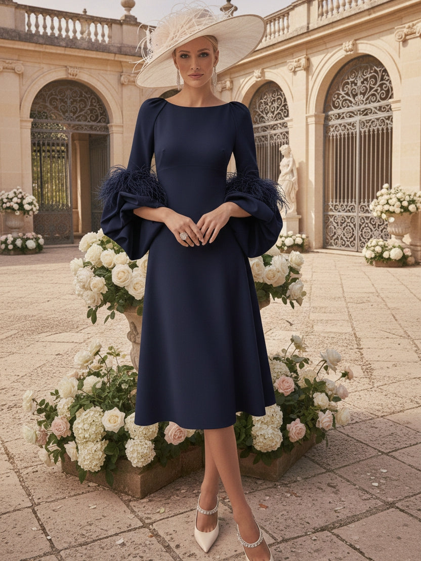 A-Line/Princess Scoop Mother of the Bride Dresses Stretch Satin Tea-Length Long Sleeves with feathers